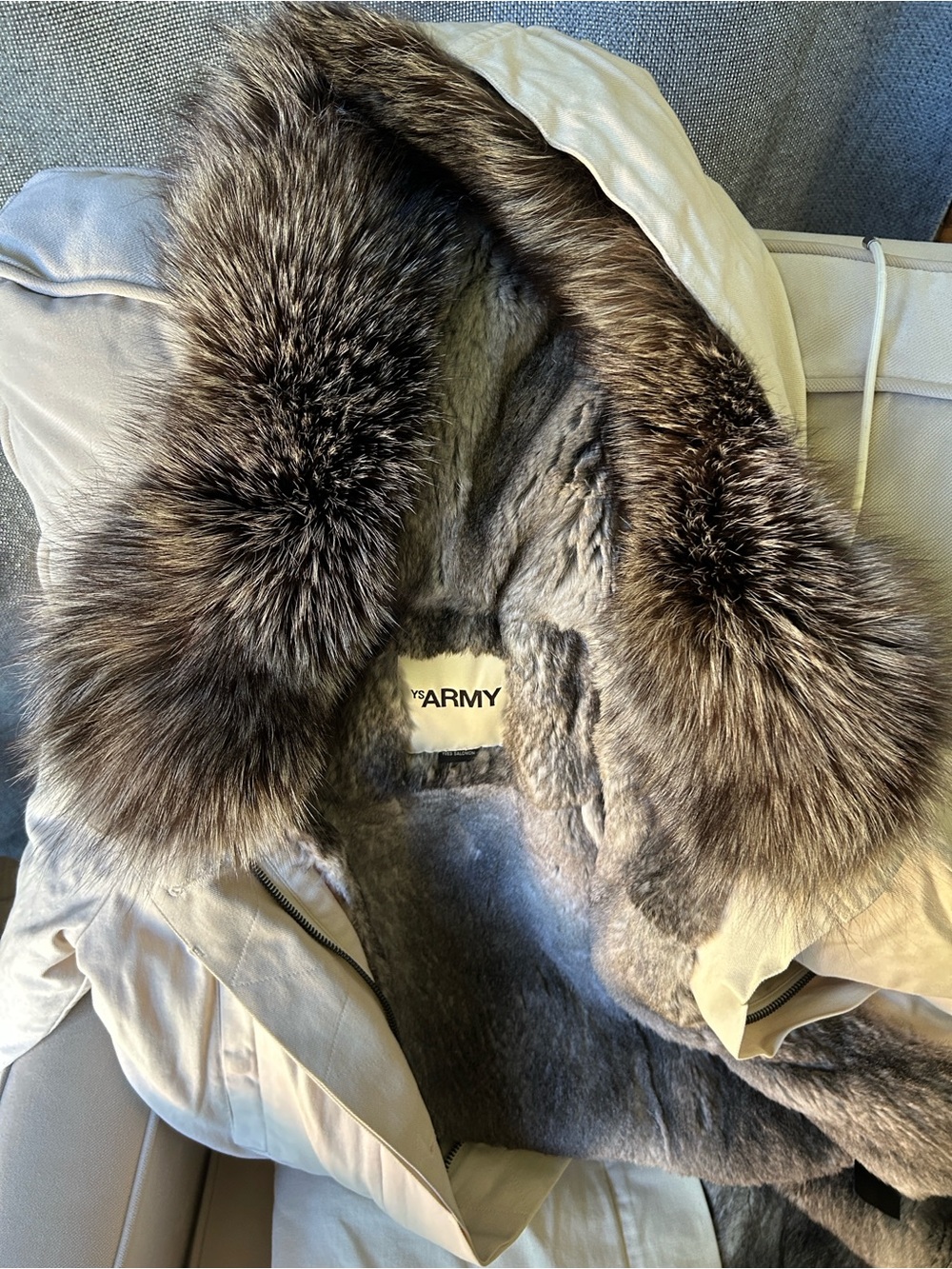 Army by Yves Salomon Parka in Cream with Silver-Gray rabbit and fox Fur